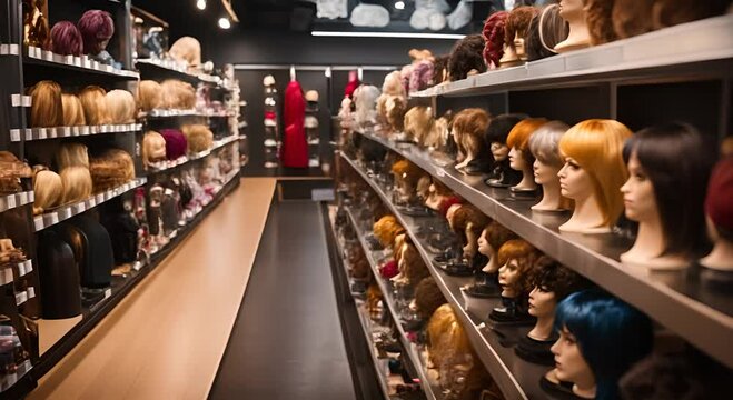 Interior of a wig store.