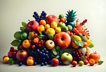 A vibrant and colorful arrangement of various fresh fruits including apples, oranges, lemons, pomegranates, and berries, creating a dynamic and visually striking composition 