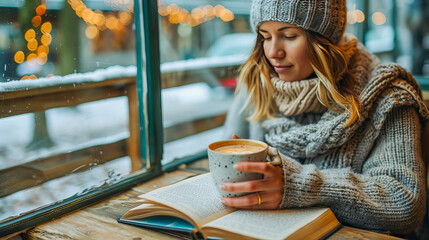Young woman enjoying a book and coffee by the window on a snowy day
