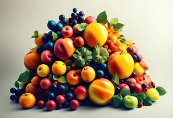 A vibrant and colorful arrangement of various fresh fruits including apples, oranges, lemons, pomegranates, and berries, creating a dynamic and visually striking composition 