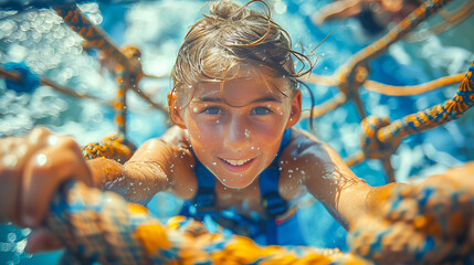 Boy participating in obstacle course overcoming challenges with determination