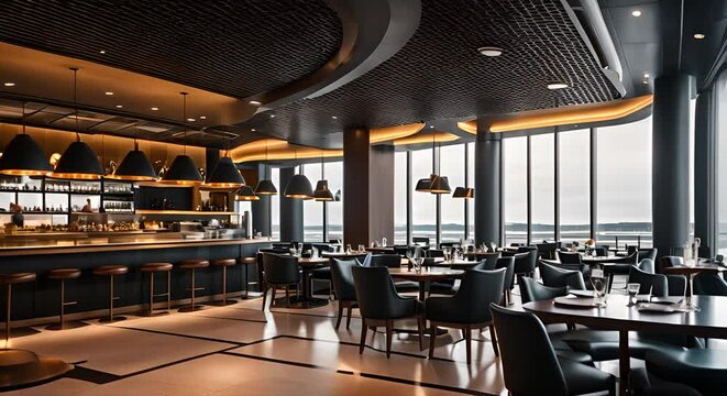 Interior of a restaurant in an airport.