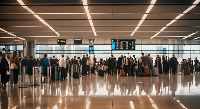 Queue of people at an airport.