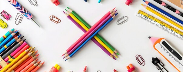 Minimalist white background with school supplies forming a Y, highlighting educational themes,