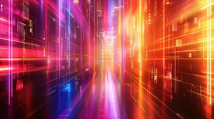 Futuristic digital cityscape with vibrant neon lights and glowing grid structures