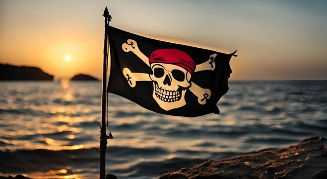 Pirate flag with skull on a ship.