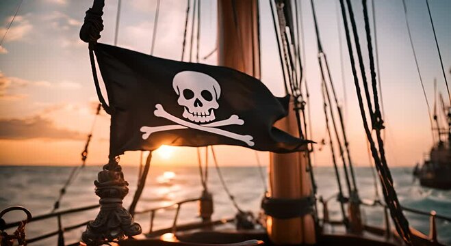 Pirate flag with skull on a ship.