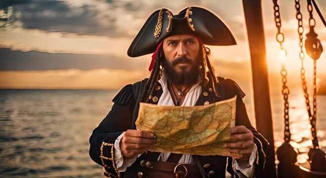 Pirate looking at a nautical map.