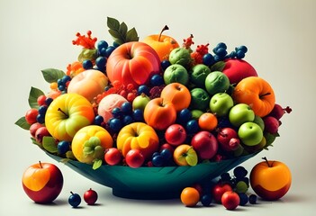 A vibrant and colorful arrangement of various fresh fruits including apples, oranges, lemons, pomegranates, and berries, creating a dynamic and visually striking composition 