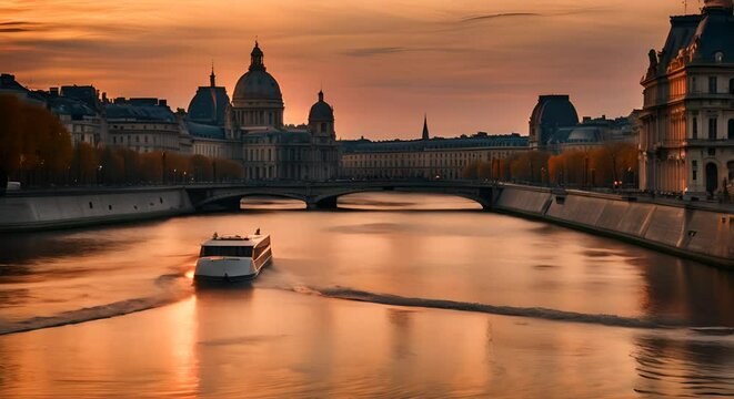 Boat sailing on the Seine River, Paris.