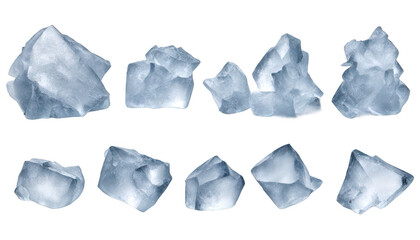 Obraz premium Collection of ten unique ice crystals, showcasing their intricate shapes and frosted textures isolate on transparent background