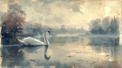 Fototapeta premium Watercolor painting of a graceful swan on a serene pond, copy space banner, vintage background 
