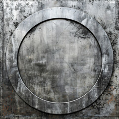 A gray metallic background with a white circle in the center, surrounded by curved metal edges. The texture of concrete and steel is visible on all sides