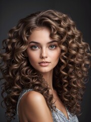 Fototapeta premium Fashion model with wavy hairstyle. Attractive young girl with curly hair posing at studio. woman with long brown curly hair