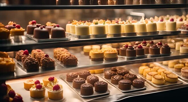 Gourmet cakes in a cake shop.