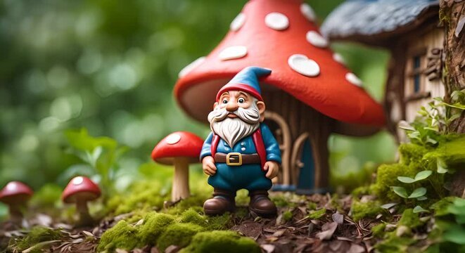 Gnome in his mushroom house in the forest.
