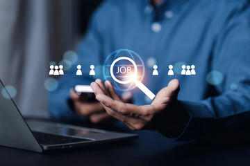 HR Human resources Recruitment Team Staff management Business concept . Businessman holding human resources solutions icons for human resources management tool used to manage employee information