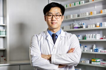 Confident Asian Pharmacist Standing with Arms Crossed
