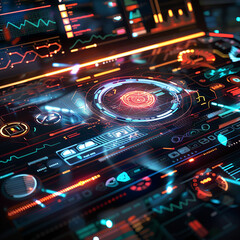Obraz premium Write about a company that has integrated holographic data visualization into its daily operations. How do employees interact with the data? Describe a typical day in the office with this advanced tec