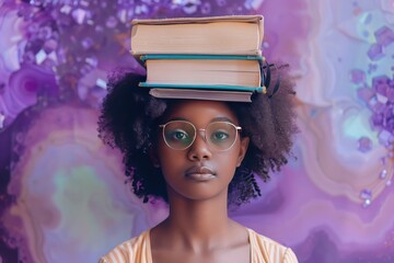 Amethyst setting, Black schoolgirl with glasses, balancing books on her head,