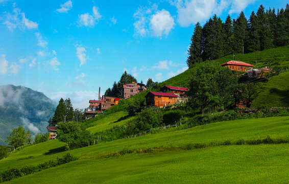 Ayder plateau, local houses and mountains and clouds, Black Sea Region, Turkey