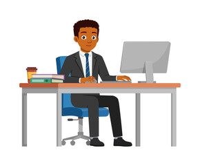 happy man employee sit in desk working on office with computer