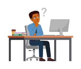 man employee sit think in desk working on office with computer and question mark