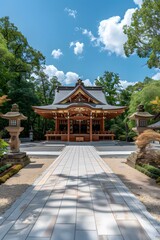 Traditional Japanese Shrine with Stone Lanterns and Pathway