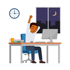 man employee work overtime at night, feeling sleepy and sit in desk working on office with computer