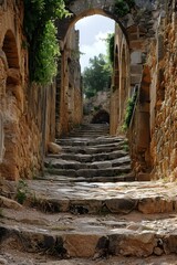 Fototapeta premium Stone steps lead up to a grand archway in a building with stone walls and arched openings.