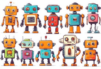 cyborg illustration cute characters android retro cartoon childish funny stickers background print set white olated flat colored robots kids smiling robot computer scandinavian smile space robotic mec