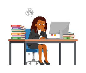 woman employee sit in desk working on office and feeling confused