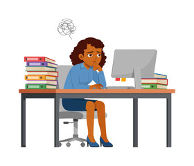 woman employee sit in desk working on office and feeling confused