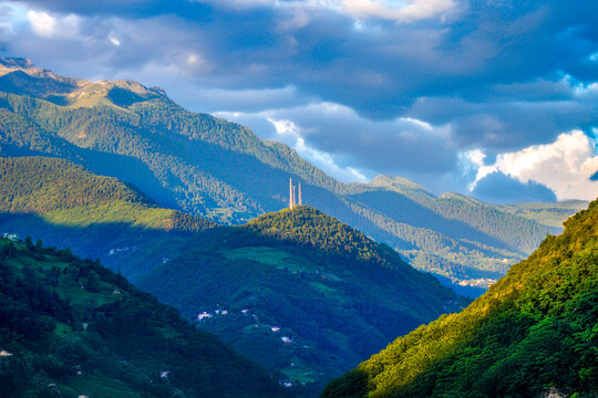 Ayder plateau, local houses and mountains and cloudsand rivers, Black Sea Region, Turkey