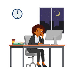 woman employee work overtime at night, feeling sleepy and sit in desk working on office with computer