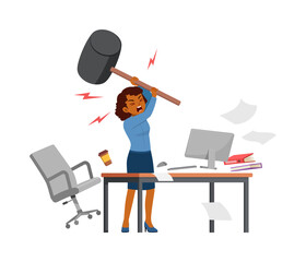 woman angry, employee working on office with computer, holding big hammer