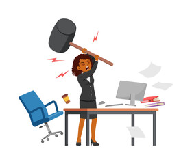 woman angry, employee working on office with computer, holding big hammer