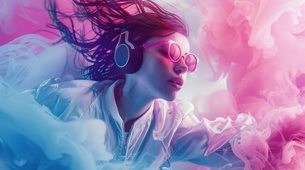 Energetic Leap: Youthful Beauty in Sunglasses Captured Against Vivid Swirls