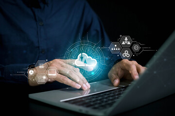 Cloud technology concept , Businessman shows cloud storage network technology icon , Big data and analytics visualization technology with Database storage cloud technology file data transfer sharing .