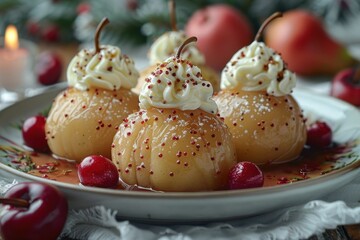 Obraz premium A delicate dish of poached pears in red wine, served with a dollop of mascarpone cheese. 