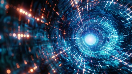 A mesmerizing digital tunnel illuminated with blue and orange lights, creating a dynamic, high-tech atmosphere with intricate patterns and a sense of depth and motion