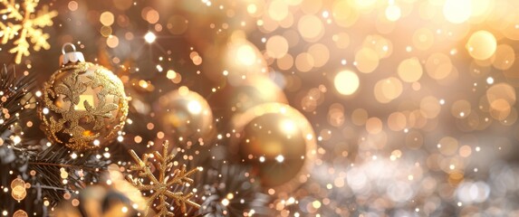 A warm, golden holiday background featuring shimmering ornaments and bokeh lights, creating a festive and elegant atmosphere with intricate decorative details