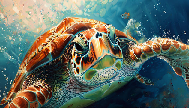 Write about a marine biologist who uses a portrait of a happy sea turtle to study the behavior and emotions of marine animals. What discoveries do they make, and how does the portrait contribute t