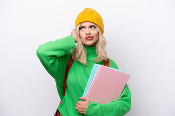 Young Russian student woman isolated on white background frustrated and covering ears