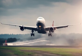 Naklejka premium take transport off airplane from travel air airport aeroplane taking plane aerodrome runway sky blue
