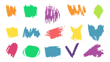 Doodles with the texture of wax chalk. Set elements imitating child drawing. Colored strokes purple yellow red blue. Doodles abstract shapes. Vector illustration.