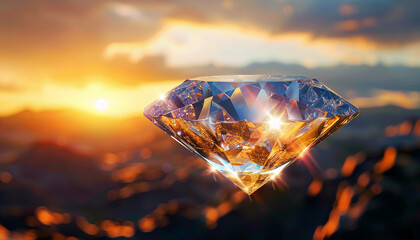 Obraz premium Visualize an abstract image about diamond floating in the sky, casting beams of light that change the landscape below. Write a story about the magical properties of this diamond and the impact it has 