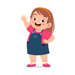 little fat kid standing and waving hand and feeling happy