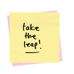 motivational quote sticky note with take the leap text on it, transparent background