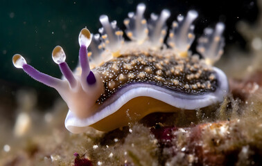 nudibranch, sea slug, tiny creature, macro size. Generative AI.